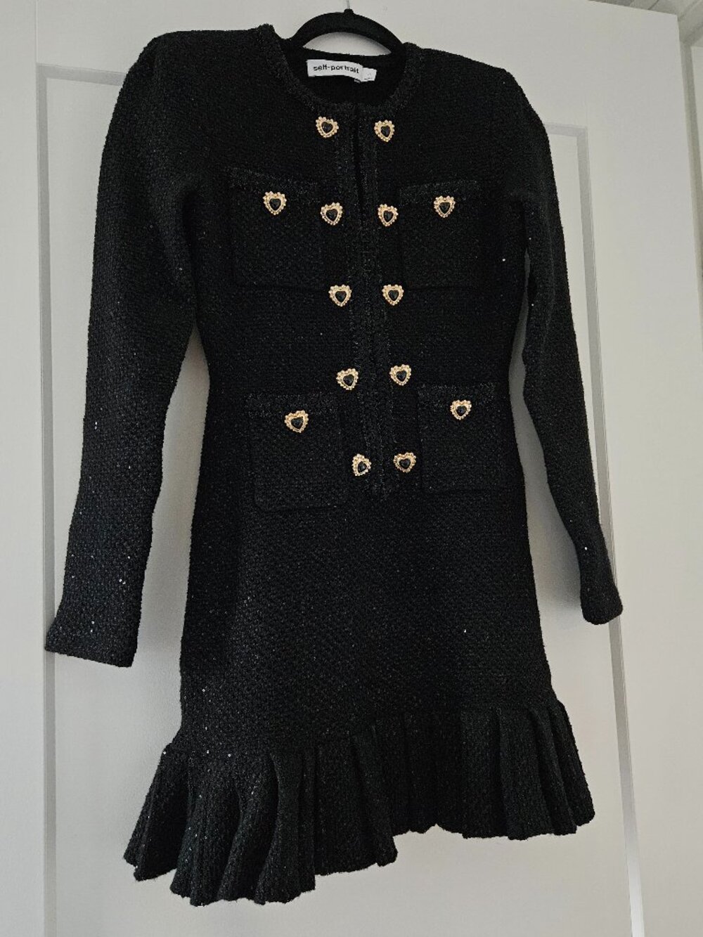 Self Portrait Black Buttoned Knit Mini Knit Dress Heart Buttons NWOT Size Small - Picture 15 of 16